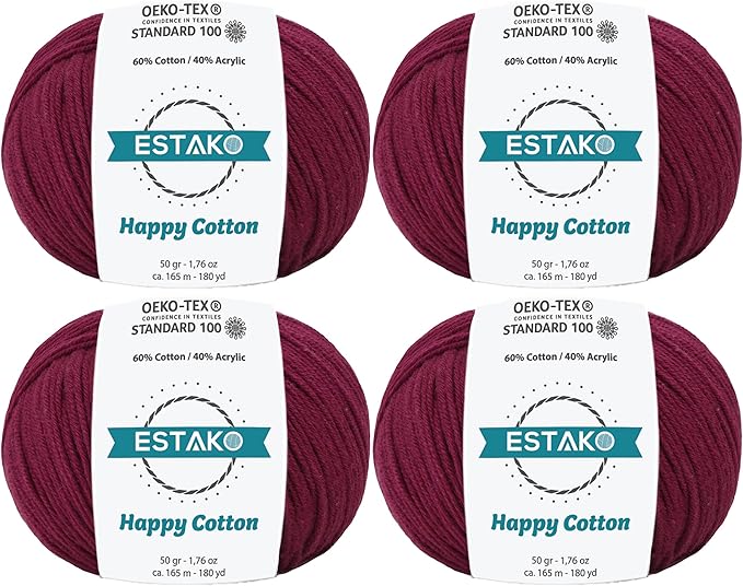 Estako Happy Cotton, (4 Skeins Pack) 60% Cotton 40% Acrylic Yarn, Soft, Fine/Sport (2) for Crochet and Knitting (4 x 1.76 Oz) / (4 x 180 Yrds) (4520 - Claret Red)