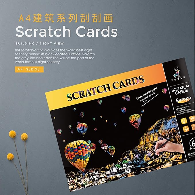 Scratch Art for Adults-City Landmarks Scratch Painting Paper Craft Kit (8 Sheets A4)|DIY Foil Engraving Art Set|Stress Relief Gift for Travel Lovers,Craft Lovers,Home Decor(America/Europe)