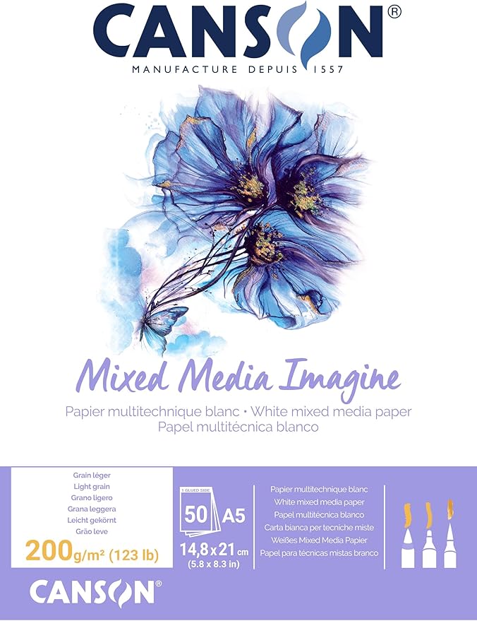 Canson Imagine Mixed Media 200gsm Paper, Natural White, A5 pad Including 50 Sheets