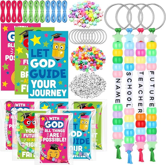 Suncalla 984 Pcs 24 Set Religious Graduation Keychain Craft Kit DIY Christian Congrats Grad Gift Keychain Making Kit Adjustable Bead Letter Beads Cards String for Blessings to Graduate Party Supply