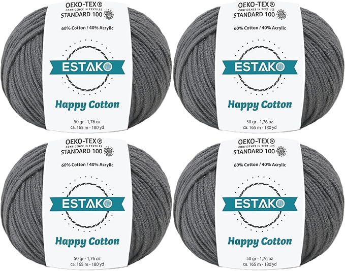 Estako Happy Cotton, (4 Skeins Pack) 60% Cotton 40% Acrylic Yarn, Soft, Fine/Sport (2) for Crochet and Knitting (4 x 1.76 Oz) / (4 x 180 Yrds) (4140 - Dark Grey)