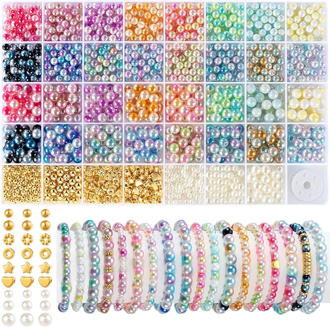 Funtopia Pearl Beads for Bracelets, 6mm 8mm Colorful Round Beads for Jewelry Making, 1642pcs Bracelet Making Kit with Gold Small Spacer Beads for Crafting Bracelet Necklace Earrings DIY