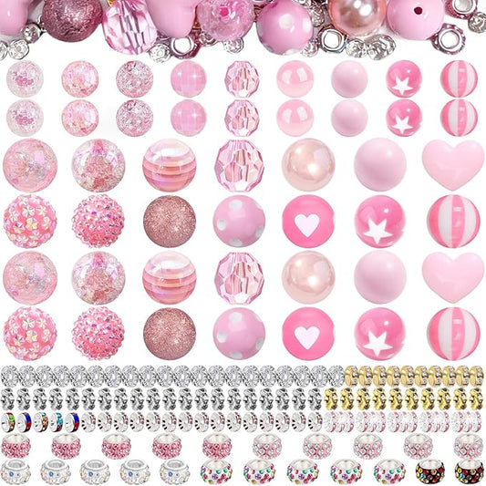 163 Pcs Pen Beads for Beadable Pens: Bubblegum Beads for Pen Making Bulk with Spacer Bead Rhinestone Bead (Pink)