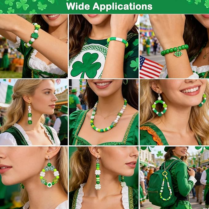 2050+Pcs St. Patricks Day Jewelry Making Kit – Irish Shamrock & Four Leaf Clover Charms Green Polymer Clay Heishi Acrylic Round Beads for DIY Bracelets Necklaces Earrings Craft - Party Favors & Gifts
