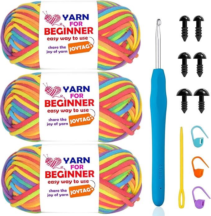 3 Pack Rainbow Beginner Crochet Yarn for Crocheting and Knitting Multicolor Cotton Crochet Yarn for Beginners with Easy-to-See Stitches Cotton-Nylon Blend Easy Yarn for Beginners(Rainbow)