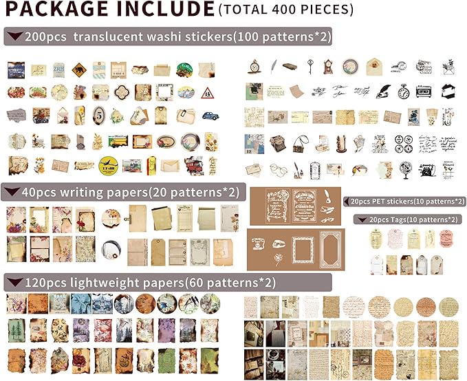 japleed 400PCS Vintage Journaling Scrapbooking Supplies Kit, Retro Aesthetic Decorative Ephemera Scrapbook Paper Stickers Material for Junk Journal Planner Diary Collage Art Craft Decoupage Album