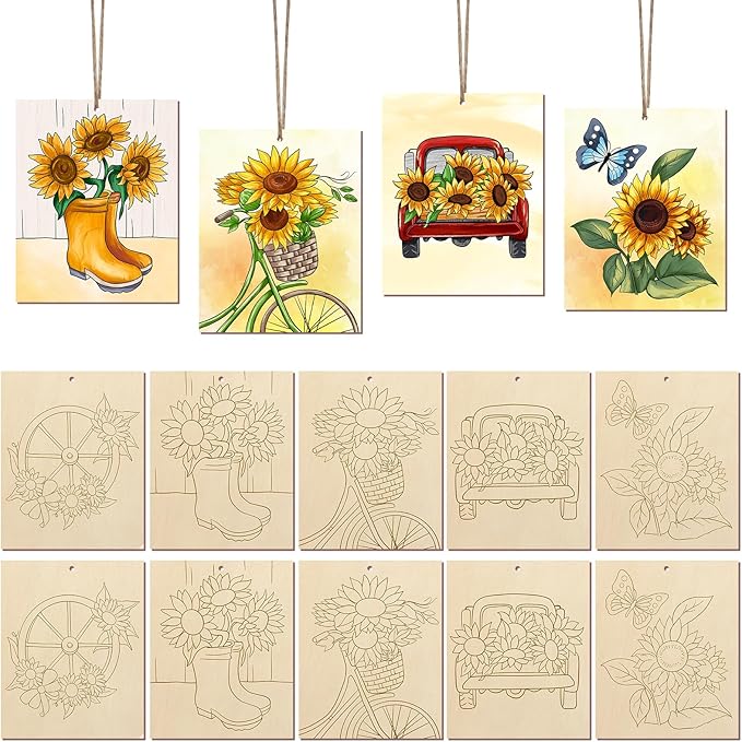COCHIE 10 Pieces Large Sunflowers Unfinished Wood Crafts to Paint for Adults, Bulk Predrilled Wooden Ornaments for Painting, Summer Sunflower Paintable Wood Slices Craft Supplies with Ropes
