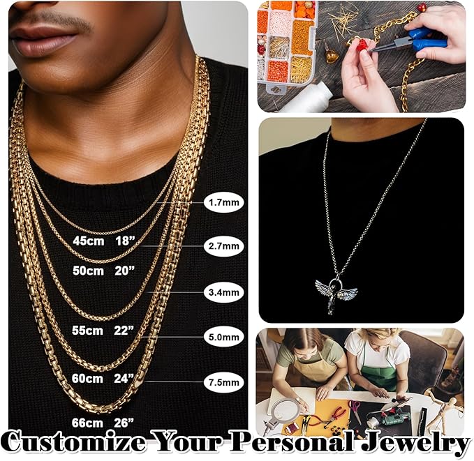 UniCrena Gold 4mm Box Chain for Jewelry Making - 9.8ft 3m Stainless Steel Bracelet Chain for Men Women