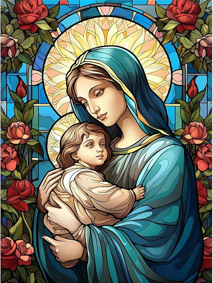 SENQAO Virgin Mary Diamond Painting Kits for Adults, Stained Glass Jesus Diamond Art for Beginners, Round 5D Paint with Diamonds Pictures Gem Art Painting Kits DIY Adult Crafts Kits 12x16inch