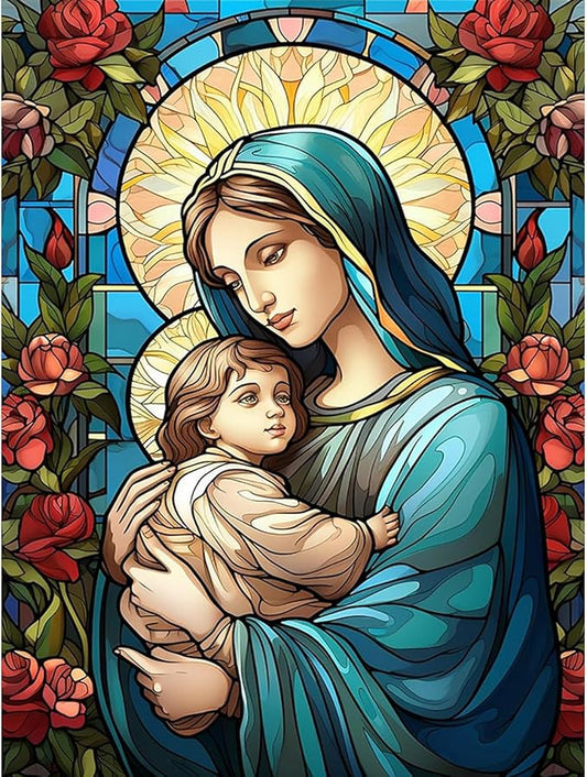 SENQAO Virgin Mary Diamond Painting Kits for Adults, Stained Glass Jesus Diamond Art for Beginners, Round 5D Paint with Diamonds Pictures Gem Art Painting Kits DIY Adult Crafts Kits 12x16inch