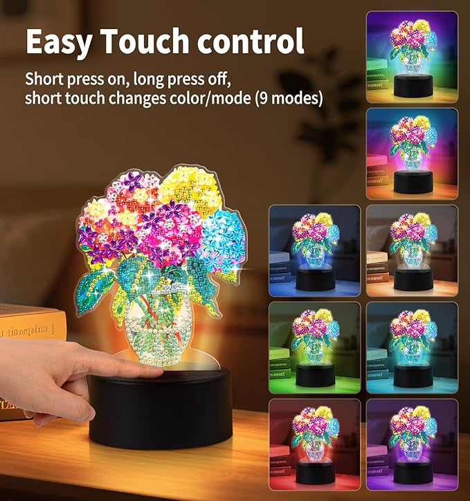ALKALO Diamond Painting Night Light, Diamond Painting Kits for Adults Desktop Ornaments for Table Tabletop Decor Diamond Art Accessories for Adult Beginner Touch Lamp for Bedrooms Living Room- Flower