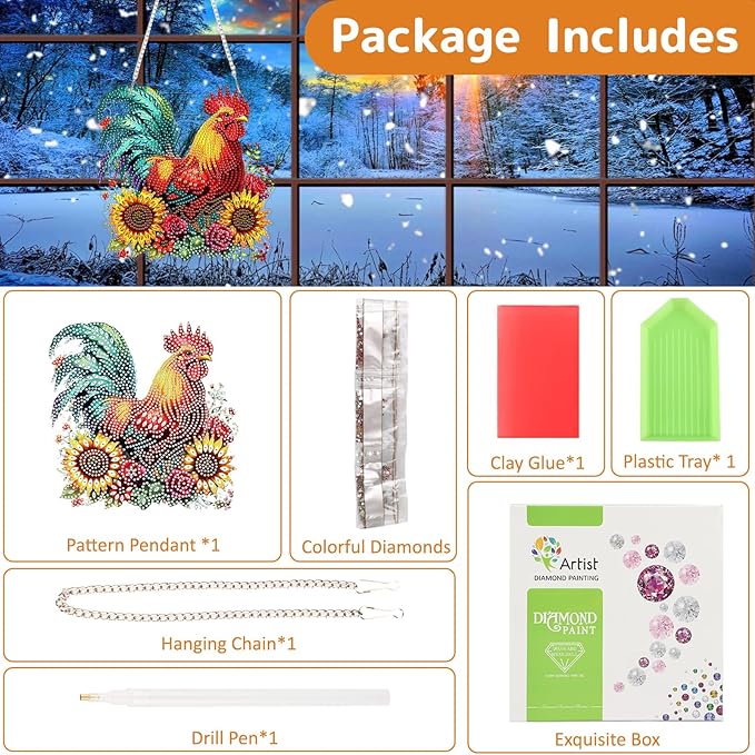 Chicken Diamond Art Hanging Kits for Adults, Rooster Diamond Painting Pendant Kits, DIY Acrylic 5D Special Shaped Crystal Diamonds Gem Art Painting Ornament for Home Wall Decor Gift 8x8 Inch