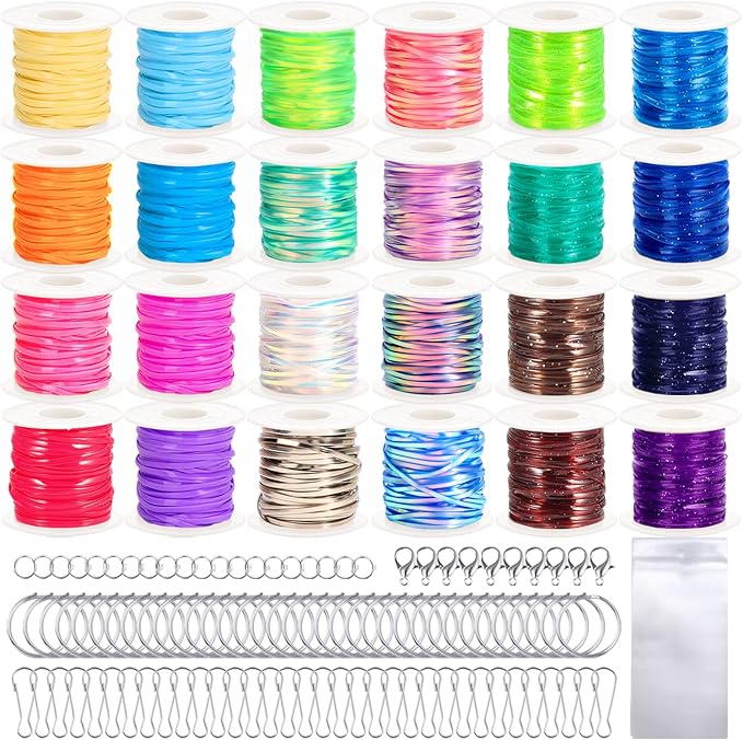 Karsspor Glitter/Laser/Normal Lanyard String Kit - 24 Rolls Gimp String, Plastic Lacing for DIY Bracelets, Key Chains, Pony Beads and Lanyards (788 Feet)