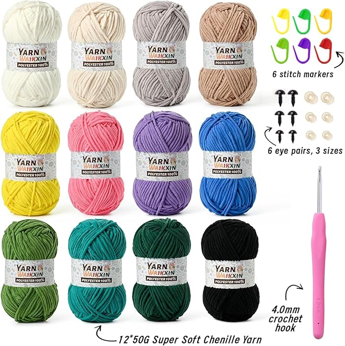 12 Pack Fluffy Chunky Chenille Yarn for Crocheting, Baby Yarn for Crocheting Soft Blanket, 600g (787yds) Bulky Yarn Set for Crochet Amigurumi & DIY Crafts B