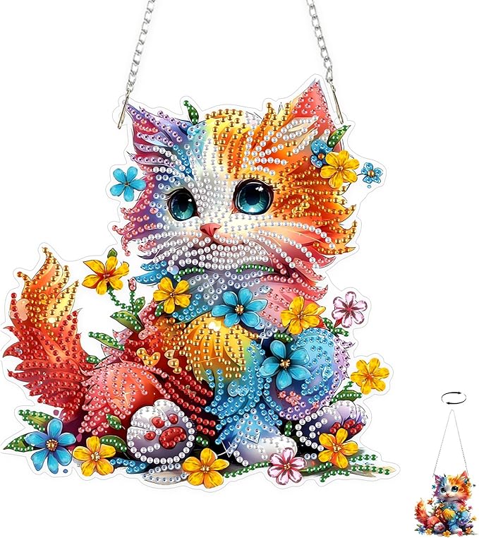 TOSTOG Pretty Cat Flower Diamond Art Pendant Kits for Adult, Cute Diamond Painting Hanging Kit for Beginners, 5D DIY Crafts Gem Art, Waterproof Full Accessories for Home Decor Idea 20 * 20 cm/8 * 8 in