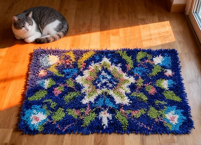 KitsMaster Latch Hook Kits for Beginner, Bright Floral Rug Making Craft Set, Perfect Craft Gift | Soothing Craft Kits for Seniors, Gifts & Relaxation, 23.6''x15.8' (Blue Blossom)