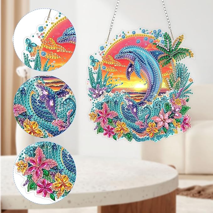 QENSPE Diamond Painting Art Hanging Kits for Adults, 5D Dolphin Diamond Paingting Ornaments with Chain, DIY Sunset & Flower Crystal Window Pendants for Home Wall Decor Double Sided Gift 8X8 inch