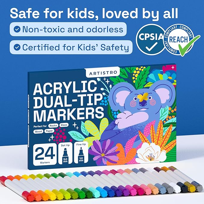 ARTISTRO 24 Acrylic Paint Markers for Rock, Fabric, Wood, Glass, Eggs - Dual-Tip Paint Pens for Coloring Books for Adults, Teens, Kids - Art & Craft Supplies - Gift Idea - Easter Basket Stuffers