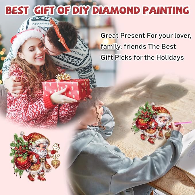 Bowetile Christmas Diamond Art Hanging Kits for Adults, Diamond Art Suncatchers Santa Claus, 5D Special Shape Diamond Painting Pendant Window Ornament Christmas Gifts for Home Door Wall Decor