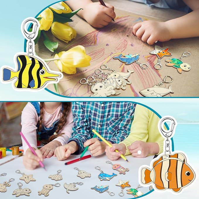 Trnayi 36 Pcs Sea Life Unfinished Wooden Keychains Color Your Own Unfinished Wooden Crafts Blank Wood Painting DIY Crafts for Home Activities Arts Project Decoration