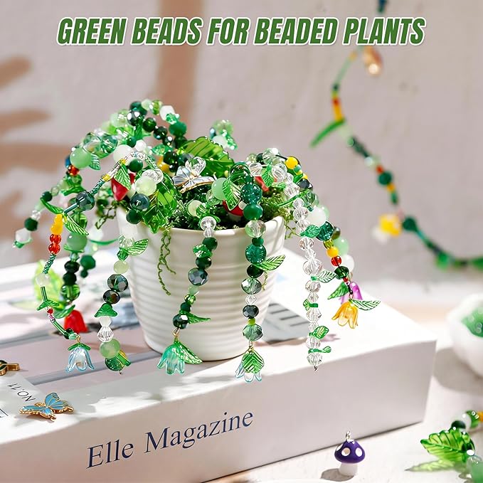 4020pcs Green Glass Beads Kit, Plant Beaded Crystal Glass Leaf Bead for Succulent Plant Making and DIY Crafts
