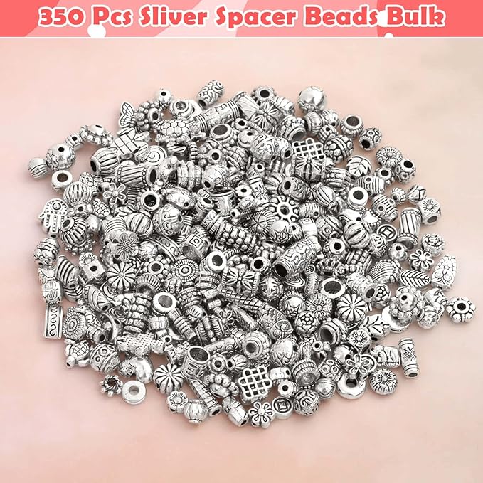 350 Pcs Silver Spacer Beads for Jewelry Making, Mixed Bulk Random Styles Metal Beads for Bracelets, Necklace, Earring Jewelry Making