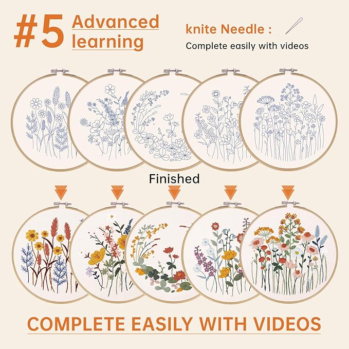 CYANFOUR 5 Pack Beginner Embroidery Kit for Adults, Easy to Learn Floral Embroidery Patterns from Video & Instruction, Needlepoint Kits for Adults Include Embroidery Hoop, Colorful Threads, Tools