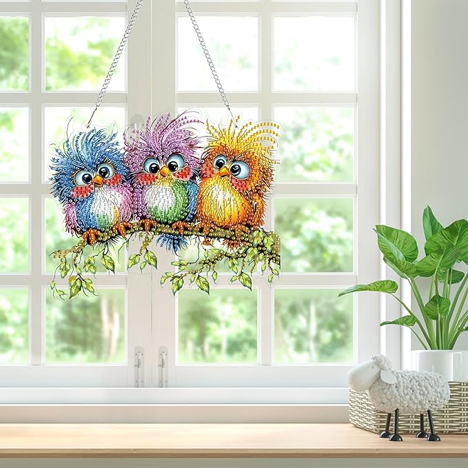 Bowetile Birds Diamond Art Hanging Kits for Adults, 5D Special Shape Diamond Painting Window Pendant Kits, Animal Gem Art Suncatchers Painting Ornament for Home Garden Wall Decor