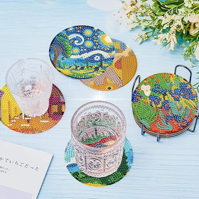 8 Pcs Diamond Art Coasters Kit with Holder, DIY Famous-Painting Diamond Painting Coasters for Beginners Adults, Non Slip Diamond Art Kits Craft Supplies 4x4inch