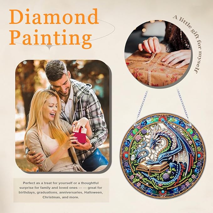 GOUOYANA Diamond Art Hanging Kit for Adult,Special Shaped Rhinestone,DIY Acrylic 5D Diamond Art Painting Window Pendants Home Garden Wall Hanging Kits Hanging Ornament,Double Sided. (Dragon)
