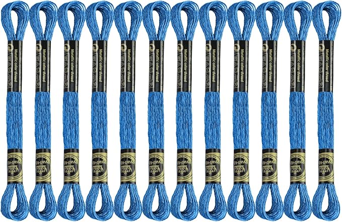 12 Skeins Embroidery Floss, Blue Metallic Embroidery Thread Polyester Cross-Stitch Threads for Hand Embroidery String Art DIY Creation