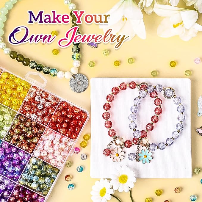 XSEINO About 1200+ PCS 6mm Cracked Style Glass Beads Bracelet Making Kit, 24 Assorted Colorful Crack Series Crystal Beads for Jewelry Making and DIY Crafts, Friendship Bracelets