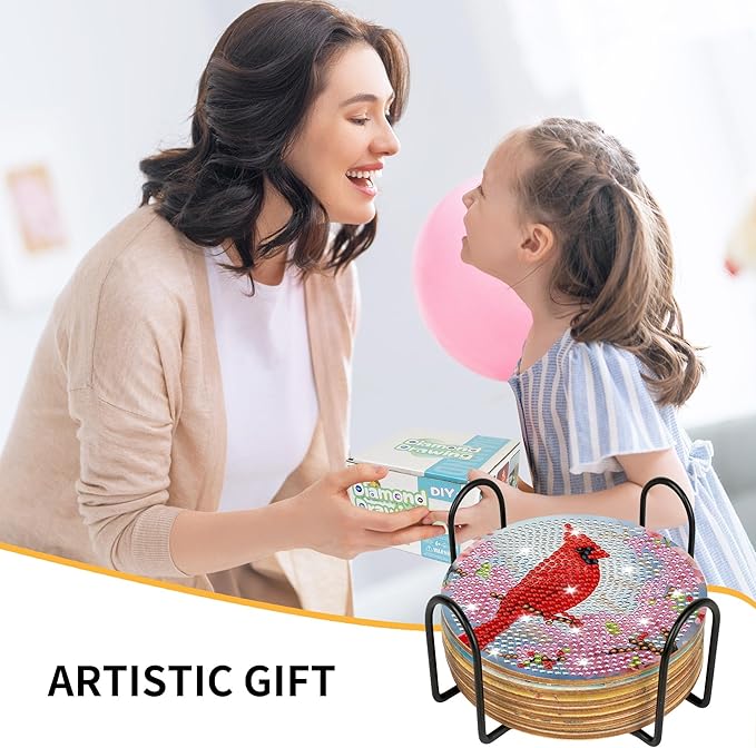 Cardinal Diamond Art Coasters Kit, 8 Pcs Red Bird Diamond Painting Coaster with Holder and Cork Pads, Non-Slip DIY Coasters Art for Adults Beginners DIY Craft Home Decor, Christmas Birthday Gifts