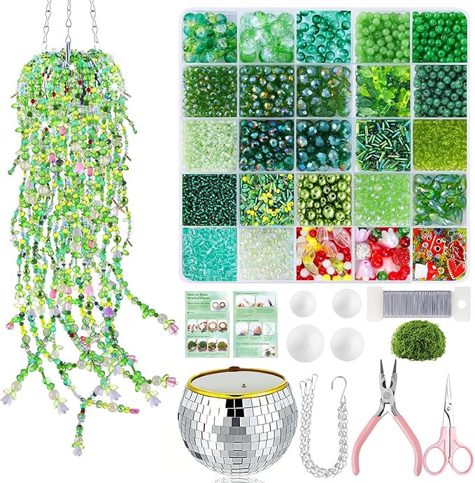 5057 Pcs Beaded Plant Kit Forever Plant Kit for Mirror Disco Ball Planter Making,Green Beads for Beaded Plants with Hanging Chain,Green Glass Leaf Beads Forever Plant Beads for Plant Making DIY Craft