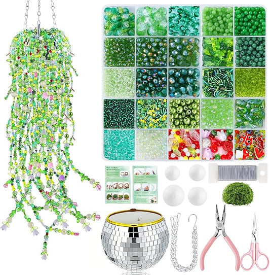 5057 Pcs Beaded Plant Kit Forever Plant Kit for Mirror Disco Ball Planter Making,Green Beads for Beaded Plants with Hanging Chain,Green Glass Leaf Beads Forever Plant Beads for Plant Making DIY Craft