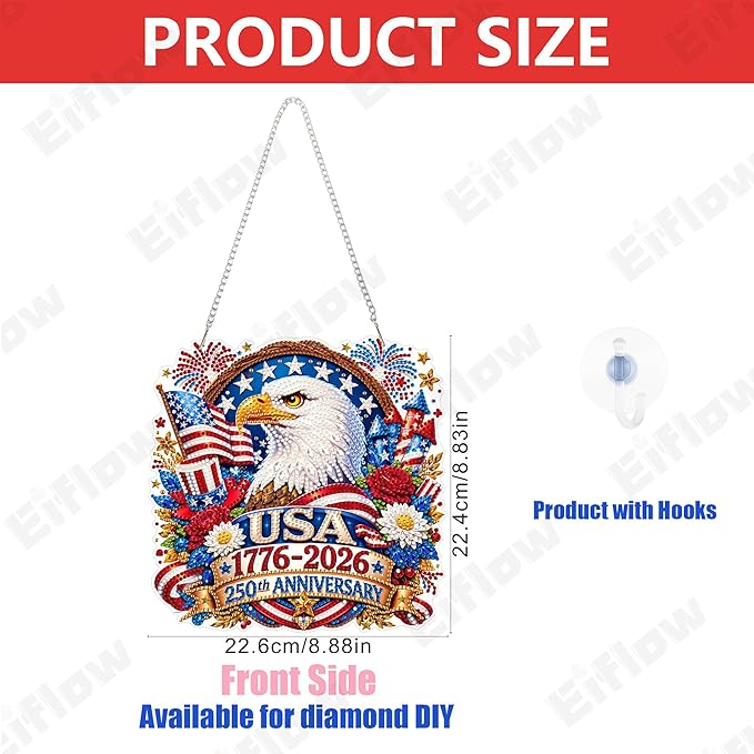 Eiflow USA 250th Anniversary Diamond Art Hanging Kit for Adults, DIY Diamonds Painting Door Hanger Board Kit, Special Crystal Diamond Art Painting Pendant Ornament (4th of July Eagle)