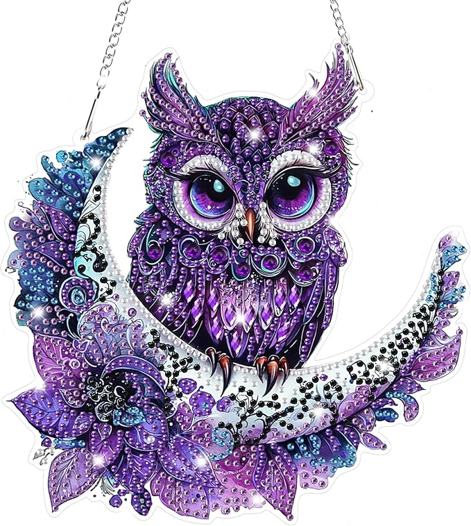 Bowetile Owl Diamond Art Hanging Kits for Adults, 5D Special Shape Diamond Painting Moon Pendant Kits, Gem Art Suncatchers Painting Window Ornament for Home Garden Wall Decor