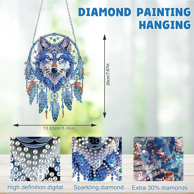 MAXBYE Diamond Art Kits for Adults Hanging Pendant, Wolf Dreamcatcher DIY Special Shaped Diamonds Painting Double Sided Rhinestone Gem Art for Beginners Gift Window Wall Door Decoration 8×8 Inch