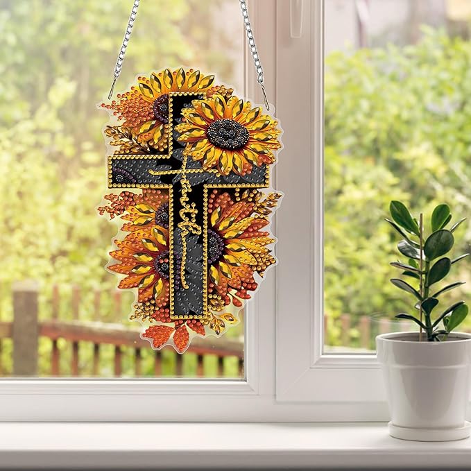 HEIBAGO Cross Diamond Art Hanging Kits for Adults, Sunflower Diamond Art Suncatchers, 5D Special Shape Diamond Painting Pendant,DIY Window Ornament Gifts for Home Garden Door Wall Decor 8.3x8.3In