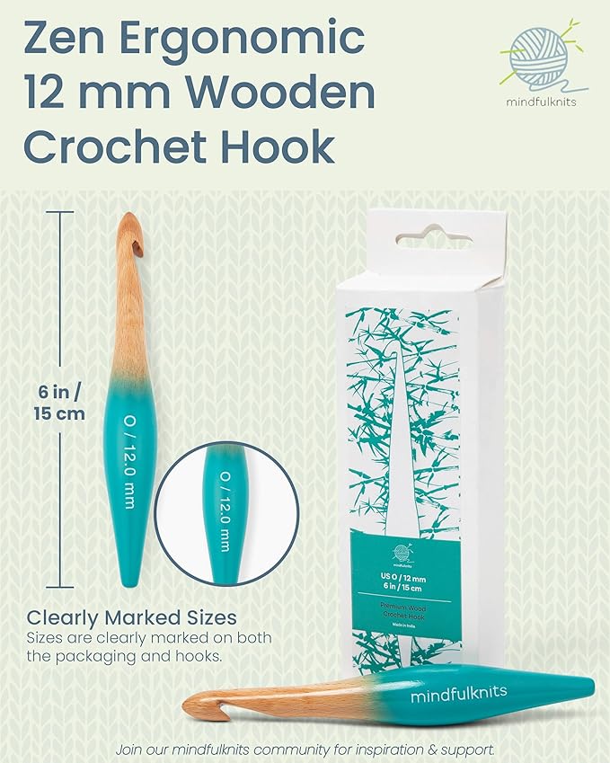 mindfulknits Premium Ergonomic Beech Wood Crochet Hook – Size US O, 12mm – 15cm Length – Wooden Crochet Hook - Knitting & Crochet Supplies for Crafting Relaxation & Stress Relief (12mm)