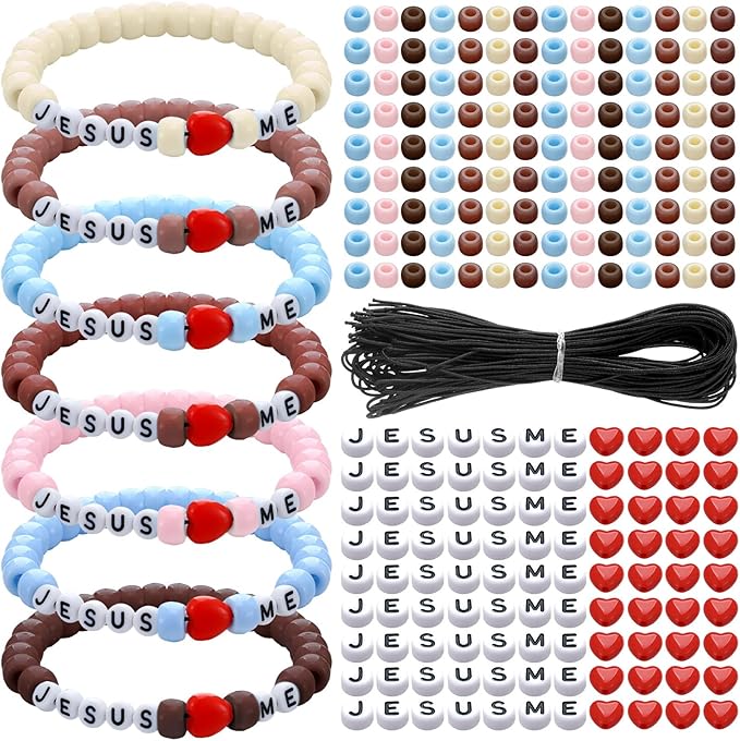 Ferreve 35 Sets Easter Boho Religious Bead Wristband Craft Kit Jesus Love Me Faith DIY Bead Craft Kit Love Letter Charms for VBS Week Sunday School Christian Bible Verse Gifts Making