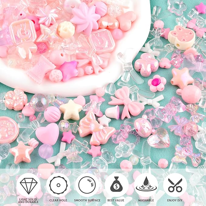 200-260pcs tinkrstuff assorted pink acrylic beads for bracelet making, cute beads for jewelry making,flower bow butterfly candy gummybear aesthetic bracelet charms diy necklace keychain phone charm