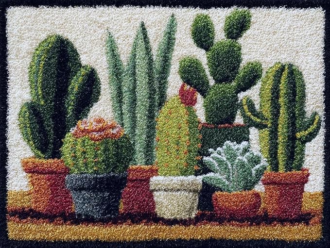 DIY Latch Hook Rug Kit Cactus and Succulent Color-Stamped Carpet Tapestry 52x38cm Yarn Hooking Crochet Mat Home Floor Decor