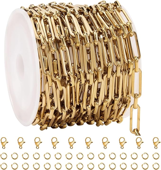 SMYHTGLIF 4 Meters Paperclip Chain Bulk for Jewelry Making Gold Stainless Steel Chain Roll Handmade Jewelry Making Supplies
