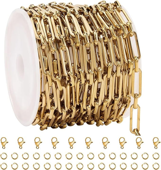 SMYHTGLIF 4 Meters Paperclip Chain Bulk for Jewelry Making Gold Stainless Steel Chain Roll Handmade Jewelry Making Supplies
