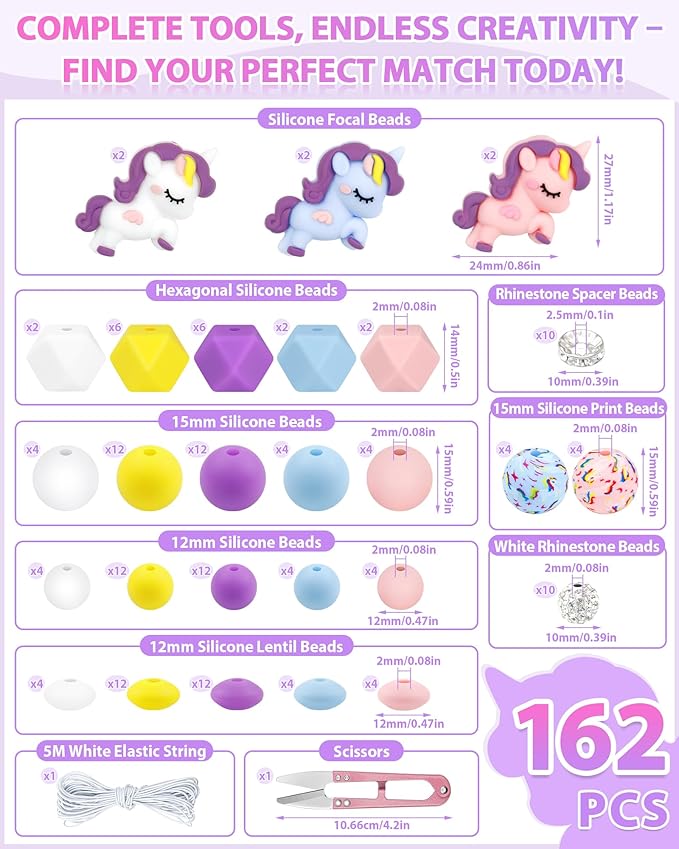 FIVEIZERO 162PCS Silicone Focal Beads for Keychain Making, Animal Unicorn, Round, Lentil, Hexagon, Printed, Rhinestone, Sliver Spacer Beads for Pens, Bracelets & Crafts with Elastic Cord & Scissors