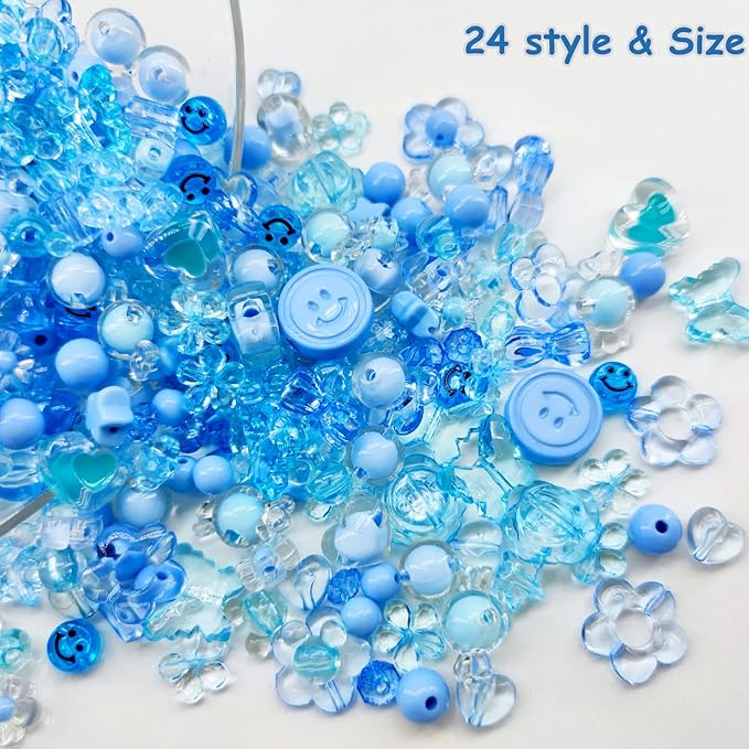 450pcs Blue Acrylic Assorted Beads - Pastel Heart Star Butterfly Smile Face Mickey Cute Aesthetic Bulk for Bracelets Jewelry Making Phone Charm Crafts