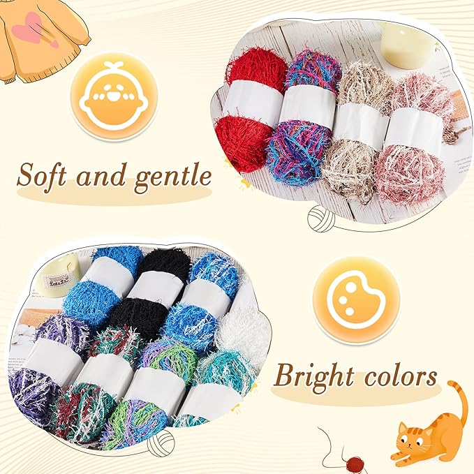 Amylove 12 Skeins Scrubby Yarn 230 Ft/ 76.7 Yard, 3 oz Assorted Colors Scrubby Stripes Polyester Scrub Yarn for Knitting Weaving Crochet Craft Project