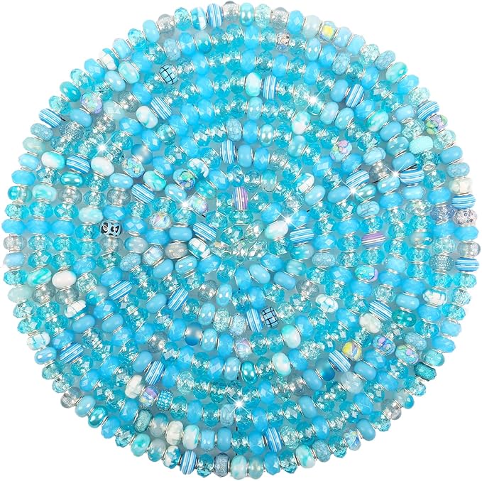Large Hole European Beads for Pens - 100 Pieces Assorted Lake Blue Fairy Wand Garden Lampwork Craft Spacer Beads for DIY Bracelet Necklace Decoration Jewelry Making Supplies
