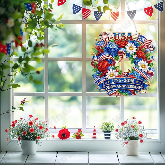 Eiflow 250th Anniversary Diamond Art Hanging Kit for Adults, DIY Diamonds Painting Door Hanger Board Kit, Special Acrylic Diamond Art Painting Pendant Ornament (4th of July Wreath)